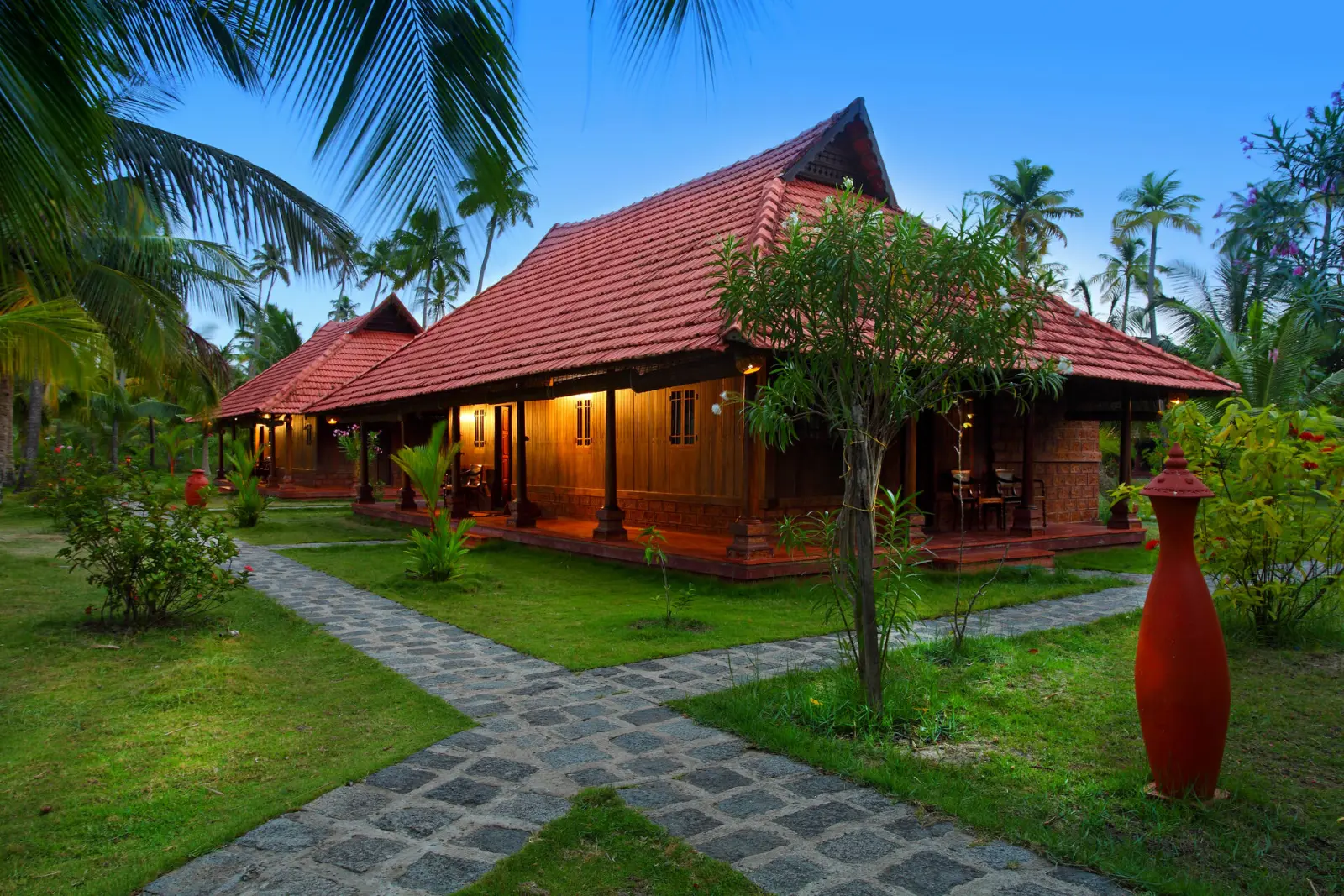 Cottage and garden at dusk