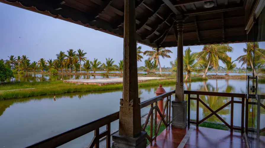 Wooden verandah over still backwater